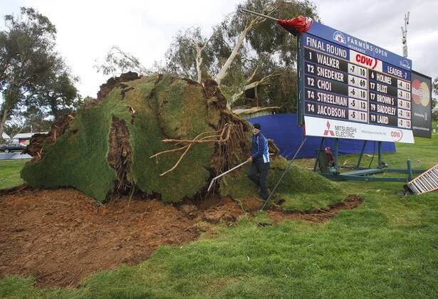 Bilder des Tages - SPORT 2.2.2016 Golf, Farmers Insurance Open in San Diego wegen schlechten Wetters unterbrochen Feb. 1, 2016 - San Diego, CA, USA - SAN DIEGO, CA -FEB 1, 2015 - A number of trees fell at Torrey Pines Golf Course delaying the Farmers Insurance Open. Here a worked cleans up near the 16th hole of the south course. A number of trees fell at Torrey Pines Golf Course delaying the Farmers Insurance Open. Here a worked cleans up near the 16th hole of the south course. - ZUMAs44_