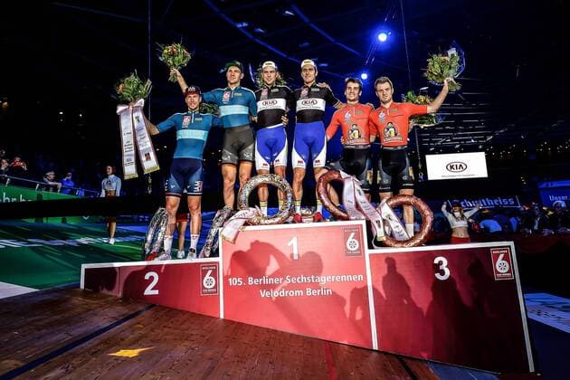 Podium v.l.n.r. (2.) Roger Kluge und Marcel Kalz (GER) - (1.) Moreno De Pauw und Kenny De Ketele (BEL) - (3.) Yoeri Havik (NED) und Nick Stoepler (NED) - Siegerehrung - Ehrung - Auszeichnung - Zeremonie - Zelebrierung - Ceremony - Jubel - Freude - Emotionen - Mimik - Gestik - Querformat - quer - horizontal - Event Veranstaltung: 105. Berliner Sechstagerennen - Location Ort: Berlin - germany - Deutschland - Europe - Europa - Date Datum: 02.02.2016