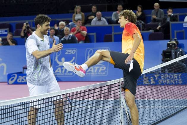 Michael Berrer (ger) and Alexander Zverev (ger) TENNIS : Open Sud de France 2016 - Montpellier - 05 02 2016 JBAutissier Panoramic 