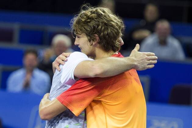 Michael Berrer (ger) and Alexander Zverev (ger) TENNIS : Open Sud de France 2016 - Montpellier - 05 02 2016 JBAutissier Panoramic 