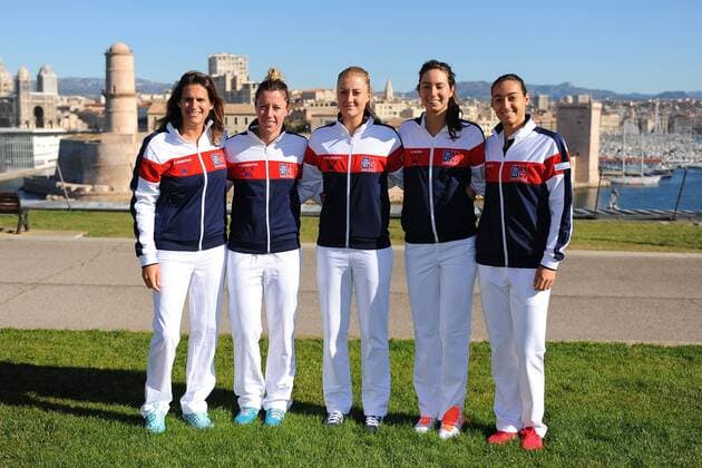 Kristina Mladenovic (FRA) Caroline Garcia (FRA) Pauline Parmentier (FRA) Oceane Dodin (FRA) Amelie Mauresmo (FRA) TENNIS : Fed Cup - FRA vs ITA - 05 02 16 TennisMagazine Panoramic 