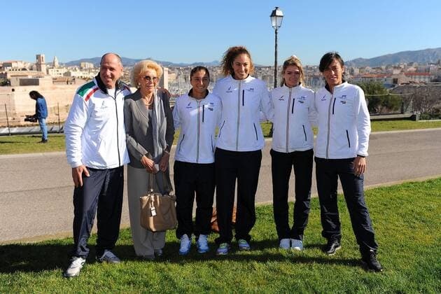 Sara Errani (ITA) Francesca Schiavone (ITA) Camila Giorgi (ITA) Martina Caregaro (ITA) Corrado Barazzutti (ITA) TENNIS : Fed Cup - FRA vs ITA - 05 02 16 TennisMagazine Panoramic 