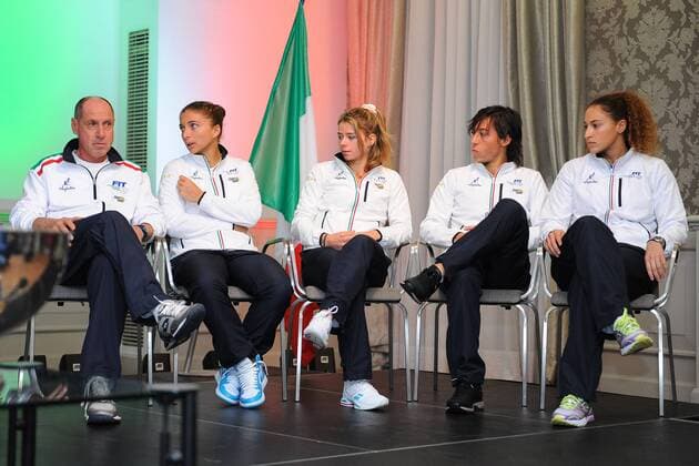 Sara Errani (ITA) Francesca Schiavone (ITA) Camila Giorgi (ITA) Martina Caregaro (ITA) Corrado Barazzutti (ITA) TENNIS : Fed Cup - FRA vs ITA - 05 02 16 TennisMagazine Panoramic 
