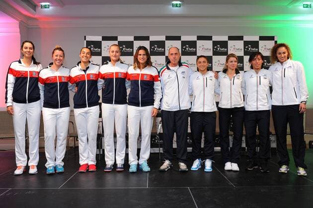 Kristina Mladenovic (FRA) Caroline Garcia (FRA) Pauline Parmentier (FRA) Oceane Dodin (FRA) Amelie Mauresmo (FRA) Sara Errani (ITA) Francesca Schiavone (ITA) Camila Giorgi (ITA) Martina Caregaro (ITA) Corrado Barazzutti (ITA) TENNIS : Fed Cup - FRA vs ITA - 05 02 16 TennisMagazine Panoramic 