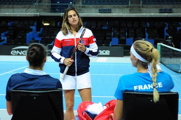 Kristina Mladenovic (FRA) Caroline Garcia (FRA) Amelie Mauresmo (FRA) TENNIS : Fed Cup - FRA vs ITA - 05 02 16 TennisMagazine Panoramic 