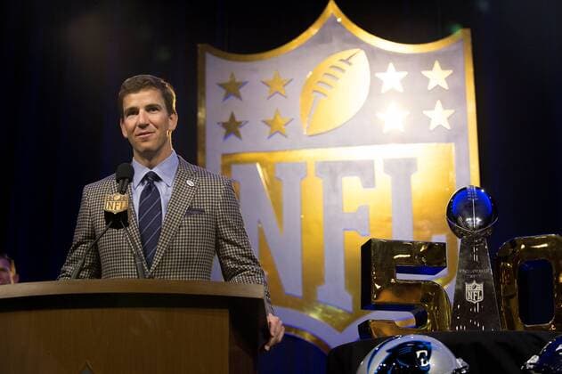 Friday, February 5, 2016: Eli Manning of the New York Giants, speaks at a press conference PK Pressekonferenz where he was announced as a finalist for the Walter Payton Man of the Year award at the Moscone Center in San Francisco, California during the National Football League week long opening celebrations for Super Bowl 50 between the Carolina Panthers and the Denver Broncos. NFL American Football Herren USA 2016: Super Bowl 50 FEB 03 - ZUMAc04_