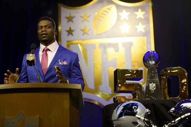 Friday, February 5, 2016: Benjamin Watson of the New Orleans Saints speaks at a press conference PK Pressekonferenz where he was announced as a finalist for the Walter Payton Man of the Year award at the Moscone Center in San Francisco, California during the National Football League week long opening celebrations for Super Bowl 50 between the Carolina Panthers and the Denver Broncos. NFL American Football Herren USA 2016: Super Bowl 50 FEB 03 - ZUMAc04_