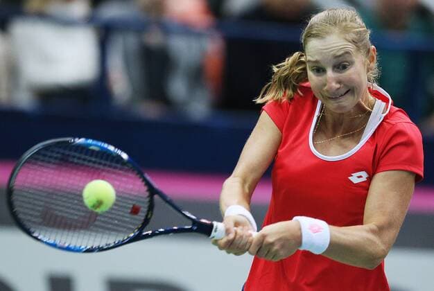 Tennis, FedCup, Russland - Niederlande MOSCOW, RUSSIA. FEBRUARY 6, 2016. Ekaterina Makarova of Russia in action during her 2016 Fed Cup World Group 1st Round tennis match against Kiki Bertens of the Netherlands at Olympic Stadium. Sergei Bobylev TASS  TS016AB7