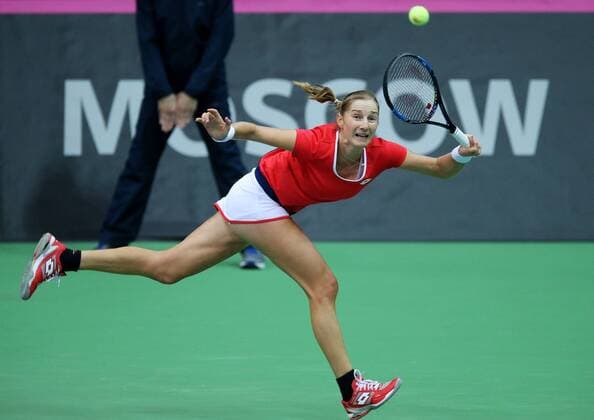 Tennis, FedCup, Russland - Niederlande MOSCOW, RUSSIA. FEBRUARY 6, 2016. Ekaterina Makarova of Russia in action during her 2016 Fed Cup World Group 1st Round tennis match against Kiki Bertens of the Netherlands at Olympic Stadium. Sergei Bobylev TASS  TS016ABB