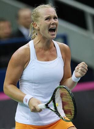 Tennis, FedCup, Russland - Niederlande MOSCOW, RUSSIA. FEBRUARY 6, 2016. Kiki Bertens of the Netherlands seen during her 2016 Fed Cup World Group 1st Round tennis match against Ekaterina Makarova of Russia at Olympic Stadium. Bertens won the match 3-6, 4-6. Sergei Bobylev TASS  TS016AC5