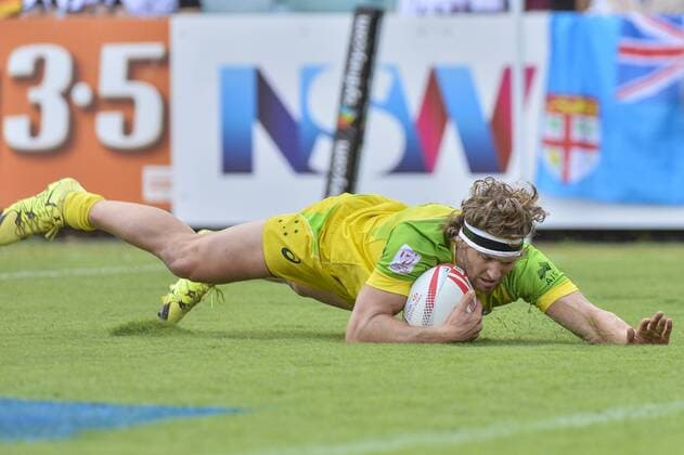 Rugby, HSBC Sevens World Series, Australien - Kanada 06.02.2016. Sydney, Australia. HSBC Australia v Canada.Australias Lewis Holland scores a try. Australia won 26-12. xNigelxOwenx  ActionPlus11704616