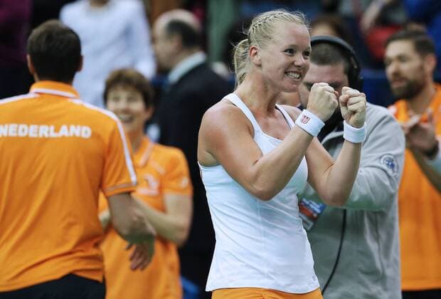 Tennis, FedCup, Russland - Niederlande MOSCOW, RUSSIA. FEBRUARY 6, 2016. Kiki Bertens of the Netherlands celebrates her victory in the 2016 Fed Cup World Group 1st Round tennis match against Ekaterina Makarova of Russia at Olympic Stadium. Bertens won the match 3-6, 4-6. Sergei Bobylev TASS  TS016AC6