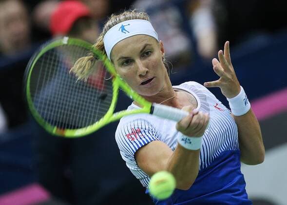 MOSCOW, RUSSIA. FEBRUARY 6, 2016. Svetlana Kuznetsova of Russia in action in the 2016 Fed Cup World Group 1st Round tennis match against Richel Hogenkamp of the Netherlands at Olympic Stadium. Sergei Bobylev TASS  TS016AE9