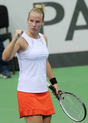 MOSCOW, RUSSIA. FEBRUARY 6, 2016. Richel Hogenkamp of the Netherlands seen in her 2016 Fed Cup World Group 1st Round tennis match against Svetlana Kuznetsova of Russia at Olympic Stadium. Sergei Bobylev TASS  TS016AEB