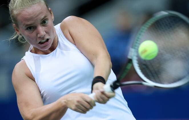 MOSCOW, RUSSIA. FEBRUARY 6, 2016. Richel Hogenkamp of the Netherlands in action in her 2016 Fed Cup World Group 1st Round tennis match against Svetlana Kuznetsova of Russia at Olympic Stadium. Sergei Bobylev TASS  TS016AEF