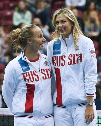 MOSCOW, RUSSIA. FEBRUARY 6, 2016. Svetlana Kuznetsova (L) and Maria Sharapova of Russia seen ahead of the 2016 Fed Cup World Group 1st Round Russia vs the Netherlands tennis event at Olympic Stadium. Sergei Bobylev TASS  TS016AF2
