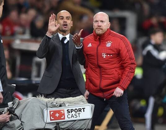 06.02.2016, Fussball, Saison 2015 2016, 1. Bundesliga, 20. Spieltag, Bayer 04 Leverkusen - FC Bayern München, Matthias Sammer (Sportvorstand Bayern Muenchen), re., und Trainer Pep Guardiola (Bayern Muenchen)