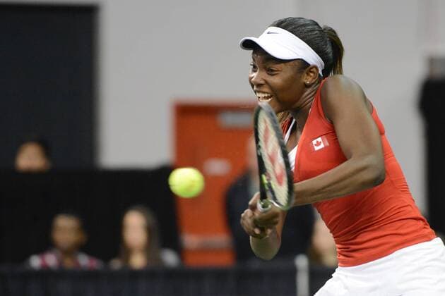 Tennis, FedCup, Kanada - Weißrussland Feb. 6, 2016 - Quebec City, Quebec City, Canada - FRANCOISE ABANDA of Canada in action during her Fed Cup match v. A. Sasnovich of Belarus in Quebec City Canada on Saturday February 6 2016. Tennis 2016 - Fed Cup - Belarus vs. Canada - ZUMAl132