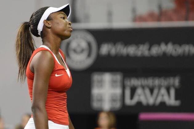 Tennis, FedCup, Kanada - Weißrussland Feb. 6, 2016 - Quebec City, Quebec City, Canada - FRANCOISE ABANDA of Canada reacts to a point during her Fed Cup match v. A. Sasnovich of Belarus in Quebec City Canada on Saturday February 6 2016. Tennis 2016 - Fed Cup - Belarus vs. Canada - ZUMAl132
