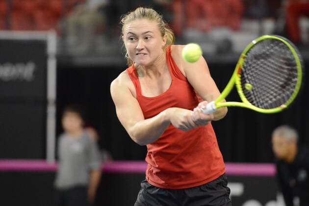 Tennis, FedCup, Kanada - Weißrussland Feb. 6, 2016 - Quebec City, Quebec City, Canada - ALIAKSANDRA SASNOVICH of Belarus in action during her Fed Cup match v. F. Abanda of Canada in Quebec City Canada on Saturday February 6 2016. Tennis 2016 - Fed Cup - Belarus vs. Canada - ZUMAl132