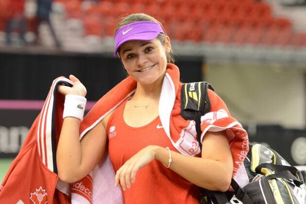 Tennis, FedCup, Kanada - Weißrussland Feb. 6, 2016 - Quebec City, Quebec City, Canada - ALEKSANDRA WOZNIAK of Canada poses for a photo after winning her Fed Cup match v. O. Govortsova of Belarus in Quebec City Canada on Saturday February 6 2016. Tennis 2016 - Fed Cup - Belarus vs. Canada - ZUMAl132