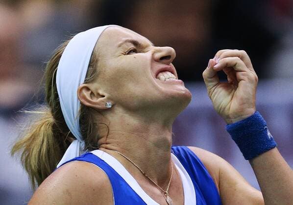 Tennis, FedCup, Niederlande besiegt Russland MOSCOW, RUSSIA. FEBRUARY 7, 2016. Svetlana Kuznetsova of Russia reacts during the 2016 Fed Cup World Group 1st Round tennis match against Kiki Bertens of the Netherlands at the Olimpiysky Stadium. Sergei Bobylev TASS  TS016B8D
