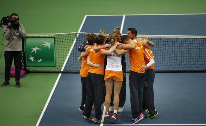 Tennis, FedCup, Niederlande besiegt Russland FedCup Russia-Netherlands match 3 Netherlands celebration
