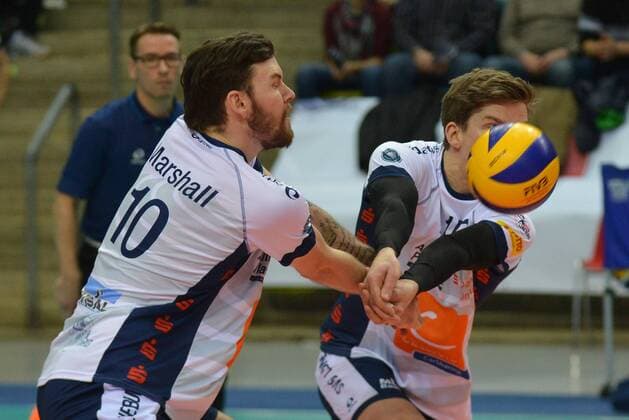 07.02.2016, xtkx, Volleyball 1.Bundesliga, United Volleys Frankfurt - SVG Lüneburg, emspor v.l. Steven Marshall (Lueneburg) ,