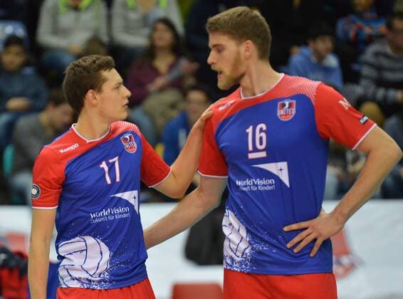 07.02.2016, xtkx, Volleyball 1.Bundesliga, United Volleys Frankfurt - SVG Lüneburg, emspor v.l. Jan Zimmermann (United Volleys) , Christian Duennes (United Volleys) ,