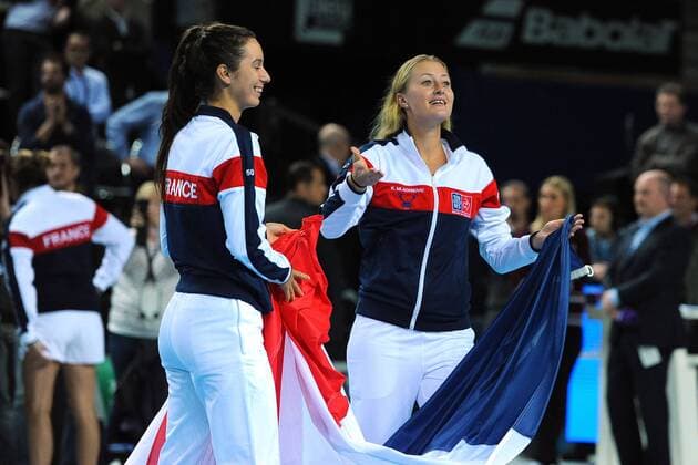 Kristina Mladenovic (FRA) Oceane Dodin (FRA) TENNIS : Fed Cup - FRA vs ITA - 07 02 16 TennisMagazinex 