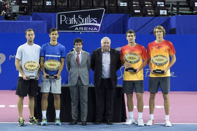 Eric Largeron - president de la ligue de Tennis Languedoc Roussillon Sebastien Grosjean - directeur du Tournoi Open Sud de France Alexander - Mischa Zverev (ger) Mate Pavic (cro) Michael Venus (nzl) TENNIS : Open Sud de France 2016 - Finale Doppel - Montpellier - 07 02 2016 JBAutissier 