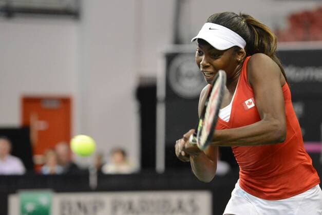 Feb. 7, 2016 - Quebec City, Quebec City, Canada - FRANCOISE ABANDA of Canada in action during her Fed Cup match vs. O. Govortsova of Belarus in Quebec City Canada on Sunday February 7 2016 Tennis 2016 - Fed Cup - Belarus vs. Canada - ZUMAl132