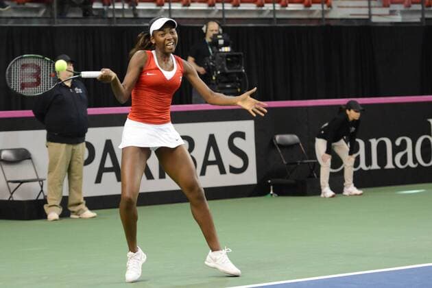 Feb. 7, 2016 - Quebec City, Quebec City, Canada - FRANCOISE ABANDA of Canada in action during her Fed Cup match vs. O. Govortsova of Belarus in Quebec City Canada on Sunday February 7 2016 Tennis 2016 - Fed Cup - Belarus vs. Canada - ZUMAl132