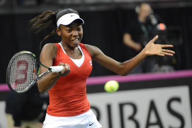 Feb. 7, 2016 - Quebec City, Quebec City, Canada - FRANCOISE ABANDA of Canada in action during her Fed Cup match vs. O. Govortsova of Belarus in Quebec City Canada on Sunday February 7 2016 Tennis 2016 - Fed Cup - Belarus vs. Canada - ZUMAl132
