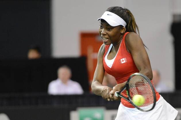 Feb. 7, 2016 - Quebec City, Quebec City, Canada - FRANCOISE ABANDA of Canada in action during her Fed Cup match vs. O. Govortsova of Belarus in Quebec City Canada on Sunday February 7 2016 Tennis 2016 - Fed Cup - Belarus vs. Canada - ZUMAl132