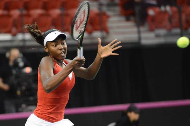 Feb. 7, 2016 - Quebec City, Quebec City, Canada - FRANCOISE ABANDA of Canada in action during her Fed Cup match vs. O. Govortsova of Belarus in Quebec City Canada on Sunday February 7 2016 Tennis 2016 - Fed Cup - Belarus vs. Canada - ZUMAl132