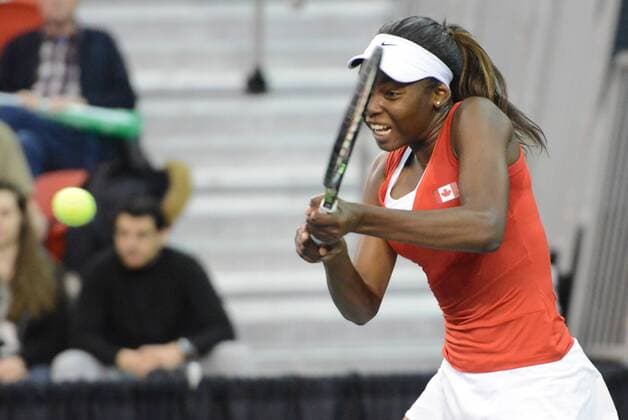 Feb. 7, 2016 - Quebec City, Quebec City, Canada - FRANCOISE ABANDA of Canada in action during her Fed Cup match vs. O. Govortsova of Belarus in Quebec City Canada on Sunday February 7 2016 Tennis 2016 - Fed Cup - Belarus vs. Canada - ZUMAl132