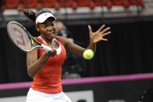 Feb. 7, 2016 - Quebec City, Quebec City, Canada - FRANCOISE ABANDA of Canada in action during her Fed Cup match vs. O. Govortsova of Belarus in Quebec City Canada on Sunday February 7 2016 Tennis 2016 - Fed Cup - Belarus vs. Canada - ZUMAl132