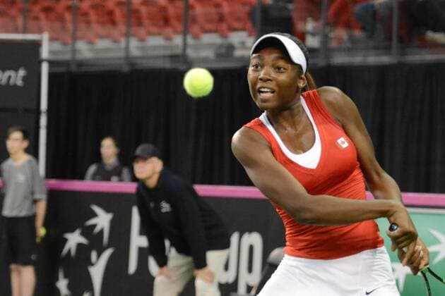 Feb. 7, 2016 - Quebec City, Quebec City, Canada - FRANCOISE ABANDA of Canada in action during her Fed Cup match vs. O. Govortsova of Belarus in Quebec City Canada on Sunday February 7 2016 Tennis 2016 - Fed Cup - Belarus vs. Canada - ZUMAl132