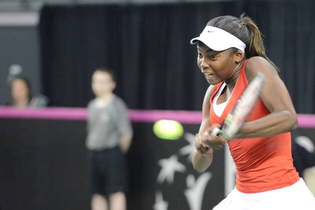 Feb. 7, 2016 - Quebec City, Quebec City, Canada - FRANCOISE ABANDA of Canada in action during her Fed Cup match vs. O. Govortsova of Belarus in Quebec City Canada on Sunday February 7 2016 Tennis 2016 - Fed Cup - Belarus vs. Canada - ZUMAl132