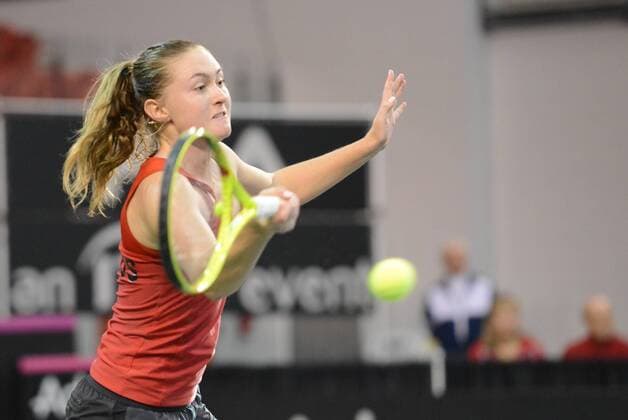 Feb. 7, 2016 - Quebec City, Quebec City, Canada - ALIAKSANDRA SASNOVICH of Belarus in action during her match vs. A. Woznizk in Quebec City Canada on Sunday February 7 2016 Tennis 2016 - Fed Cup - Belarus vs. Canada - ZUMAl132