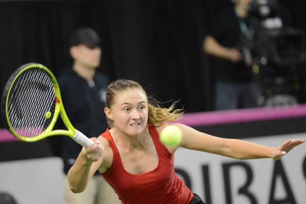 Feb. 7, 2016 - Quebec City, Quebec City, Canada - ALIAKSANDRA SASNOVICH of Belarus in action during her match vs. A. Woznizk in Quebec City Canada on Sunday February 7 2016 Tennis 2016 - Fed Cup - Belarus vs. Canada - ZUMAl132
