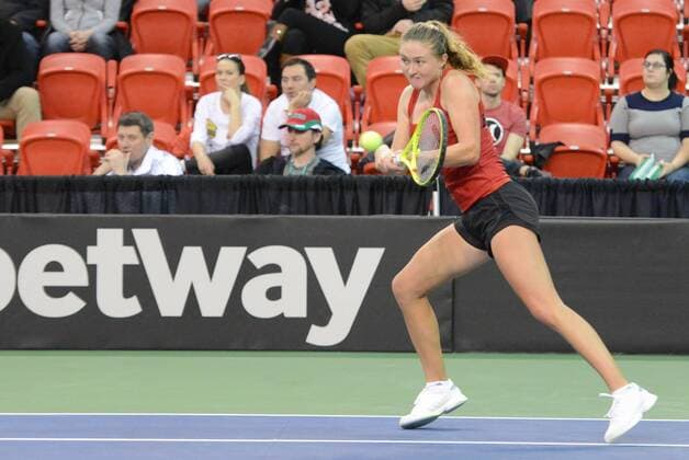 Feb. 7, 2016 - Quebec City, Quebec City, Canada - ALIAKSANDRA SASNOVICH of Belarus in action during her match vs. A. Woznizk in Quebec City Canada on Sunday February 7 2016 Tennis 2016 - Fed Cup - Belarus vs. Canada - ZUMAl132