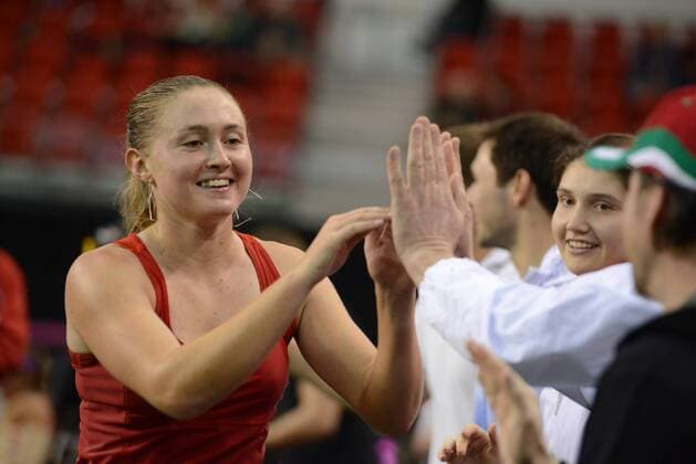 Feb. 7, 2016 - Quebec City, Quebec City, Canada - ALIAKSANDRA SASNOVICH of Belarus celebrates winning her match vs. A. Woznizk in Quebec City Canada on Sunday February 7 2016 Tennis 2016 - Fed Cup - Belarus vs. Canada - ZUMAl132