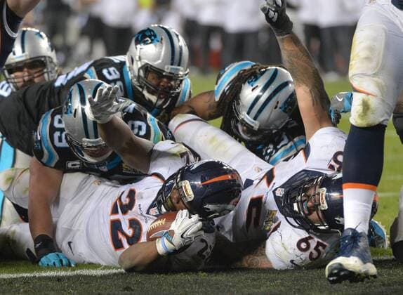 Denver Broncos C.J. Anderson plows over the goal line for a two yard touchdown against the Carolina Panthers in the fourth quarter of Super Bowl 50 in Santa Clara, California on February 7, 2016. The Denver Broncos defeated the Carolina Panthers 24-10.  SBP20160207056 KEVINxDIETSCH