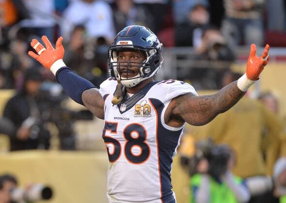 Denver Broncos Von Miller (58) celebrates a sack of Carolina Panthers quarterback Cam Newton for 11 yard loss forcing a fumble that turned into a Broncos touchdown in the first quarter of Super Bowl 50 in Santa Clara, California on February 7, 2016.  SBP20160207026 KEVINxDIETSCH