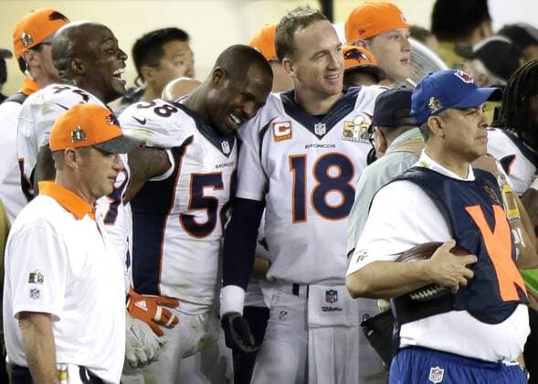 Denver Broncos Peyton Manning and Von Miller smile on the sidelines in the final minute of the game against the Carolina Panthers at Super Bowl 50 in Santa Clara, California on February 7, 2016. The Denver Broncos defeated the Carolina Panthers 24-10.  NYP20160207810010 JOHNxANGELILLO