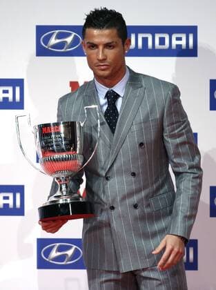 Real Madrid s Portuguese striker Cristiano Ronaldo with the Pichichi Award -for the best striker- poses during the Marca Sports Journal Award Ceremony held in Madrid, Spain on 08 February 2016. MARCA SPORTS JOURNAL AWARD CEREMONY !ACHTUNG: NUR REDAKTIONELLE NUTZUNG!  20160208-635905475288052955