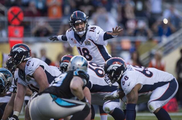 Feb. 7, 2016 - Santa Clara, California, U.S.- Denver Broncos quarterback PEYTON MANNING (18) shouts signals to his team in Super Bowl 50 at Levi s Stadium. NFL American Football Herren USA 2016 - Super Bowl 50 - ZUMAs76_
