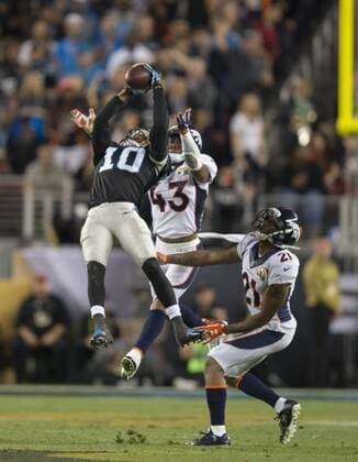 Feb. 7, 2016 - Santa Clara, California, USA - Carolina Panthers wide receiver Corey Brown (10) makes a catch in front of Denver Broncos strong safety T.J. Ward (43) and cornerback Aqib Talib (21) in the third quarter in Super Bowl 50 on Sunday, February 7, 2016 at Levi s Stadium in Santa Clara, Calif Sacramento California News - Feb. 7, 2016 - ZUMAs76_